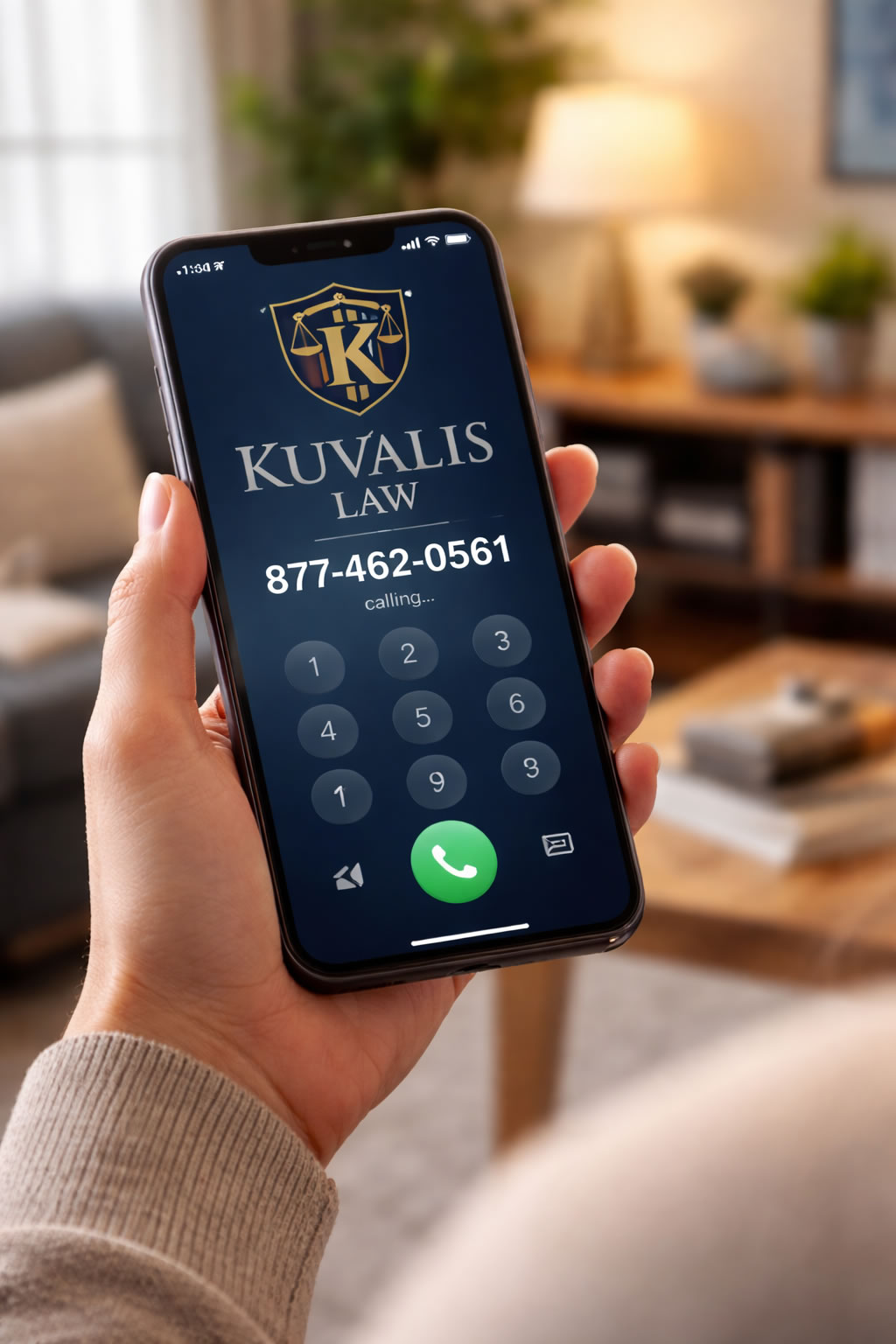 Person calling Kuvalis Law on mobile phone