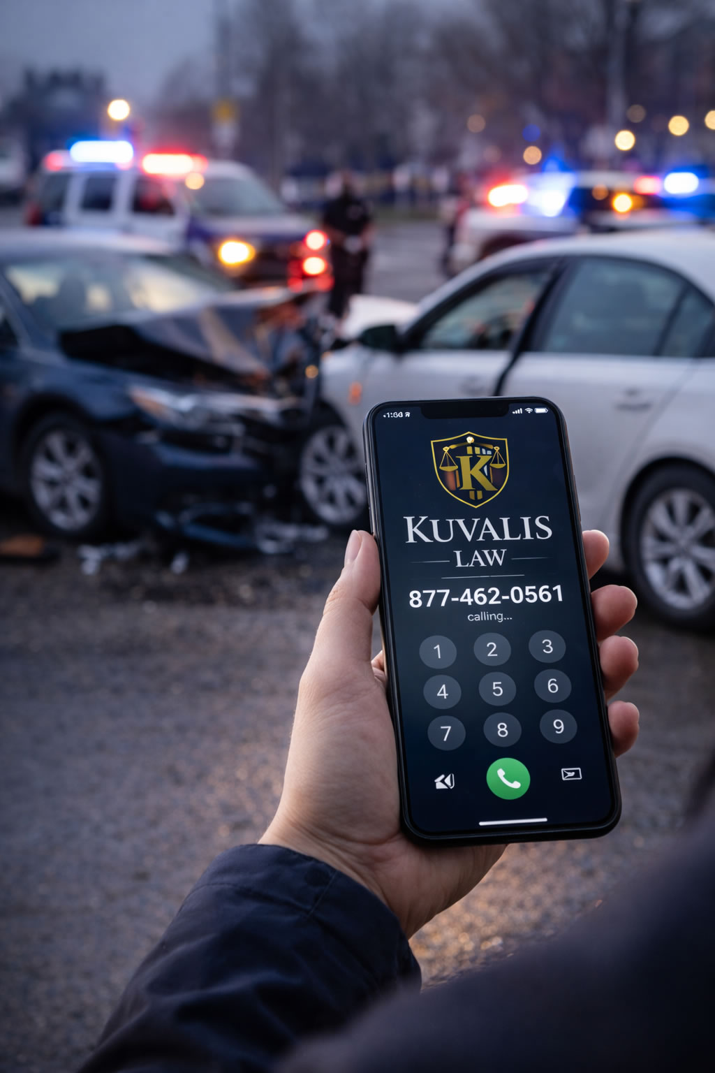 Accident scene with call to lawyer